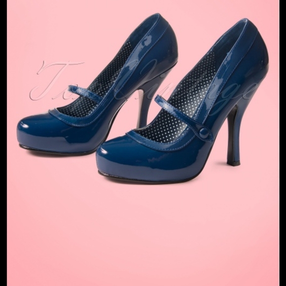 Pinup Couture Shoes - Pinup Couture Cutiepie Mary Jane Solid Navy Platform Patent Pumps S8